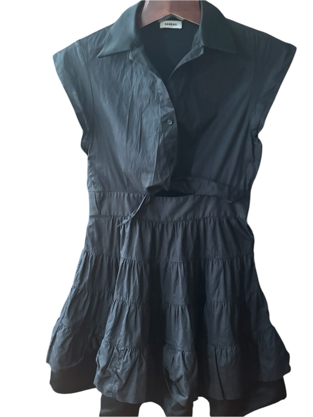 Sandro Black Tiered Shirt Dress - Black linen cotton beautiful material size M